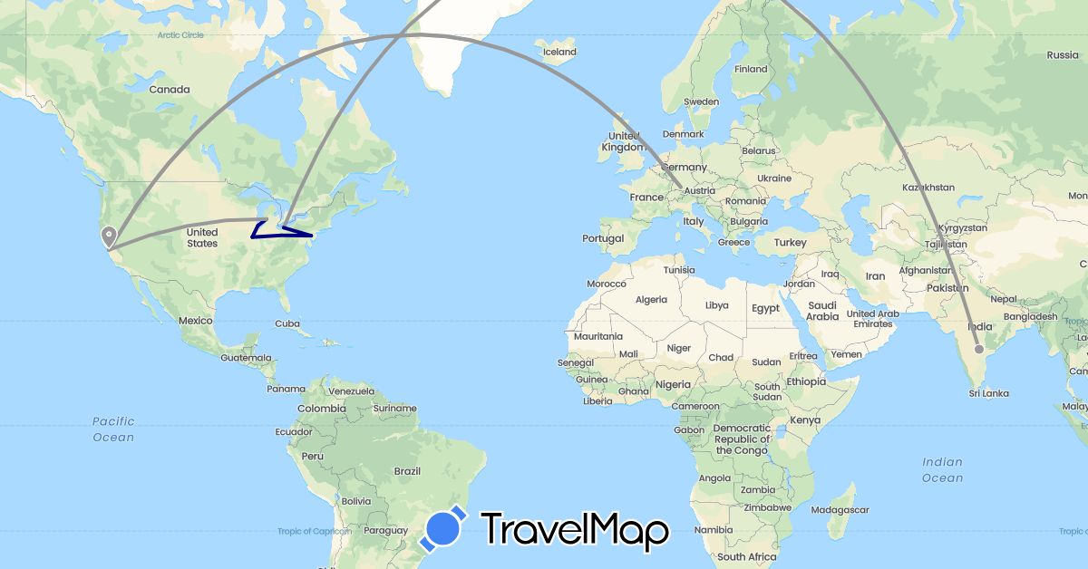 TravelMap itinerary: driving, plane in Germany, India, United States (Asia, Europe, North America)